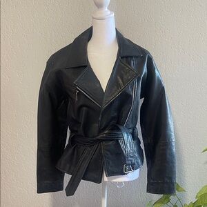 Avanti Black Leather Belted Moto Jacket - Women